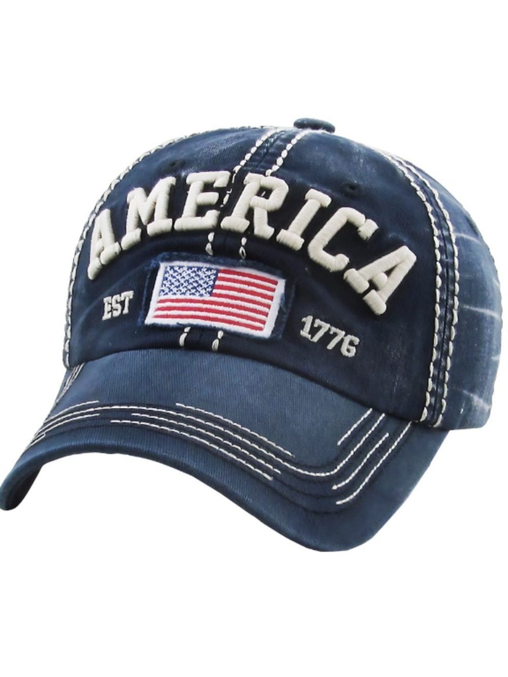 AMERICA EST 1776 Embroidered Hat, Vintage US Flag Denim Cap, Patriotic American